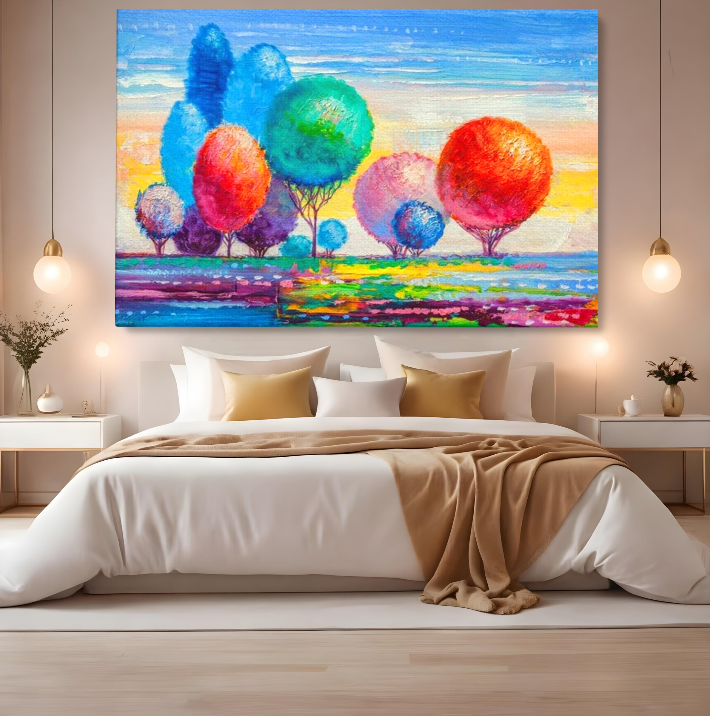 Tablou canvas cu tablou pictura cu copaci cu coroane rotunde sferice, fara rama, pe sasiu de lemn, pe perete intr-un dormitor